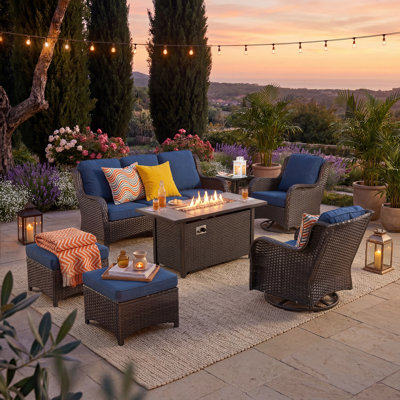 5 - Person Wicker Outdoor Conversation Set, Patio Sofa & Swivel Chair Set with Fire Pit and Cushions