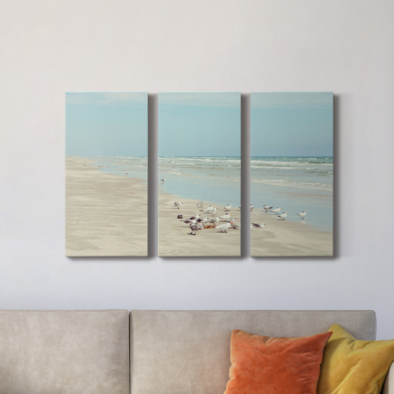 Padre Island Shore Birds - peinture sur toile tendue 3 pièces, H 60 po x l 120 po x P 1 po