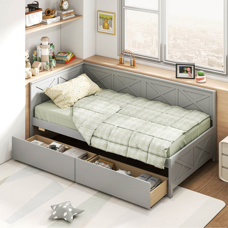 Lit de jour simple avec 2 tiroirs de rangement et support pour garde-corps, Gris