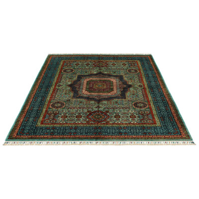 5x7 Light Green and Navy Turkish Tribal Rug
