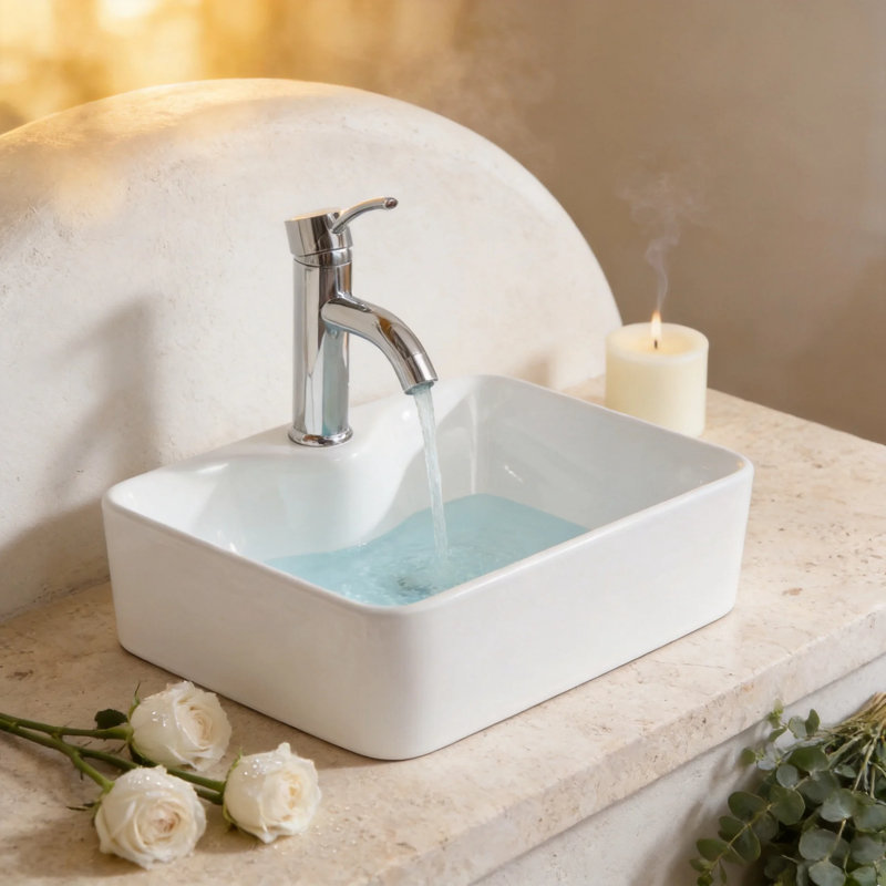 Vasque rectangulaire en porcelaine vitrifiée blanche de 48 x 38 cm (19 x 15 po) avec un trou pour robinetterie, à poser sur un meuble-lavabo et bonde de 4,4 cm (1,75 po).