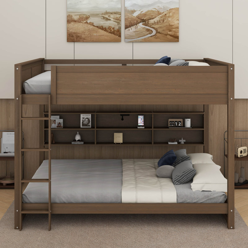 Lit superposé grand sur grand avec armoires et ports USB, Bois antique