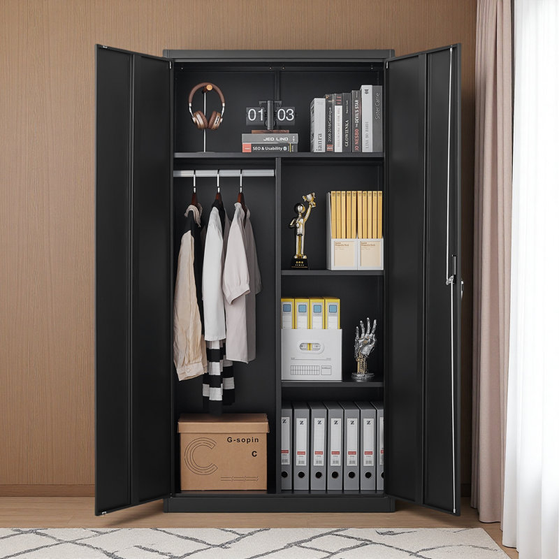Garde-robe en métal de grande capacité avec tringle et compartiments suspendus, garde-robe verrouillable avec serrures et clés, fabrication en acier, imperméable et ignifuge, convient à la chambre à coucher