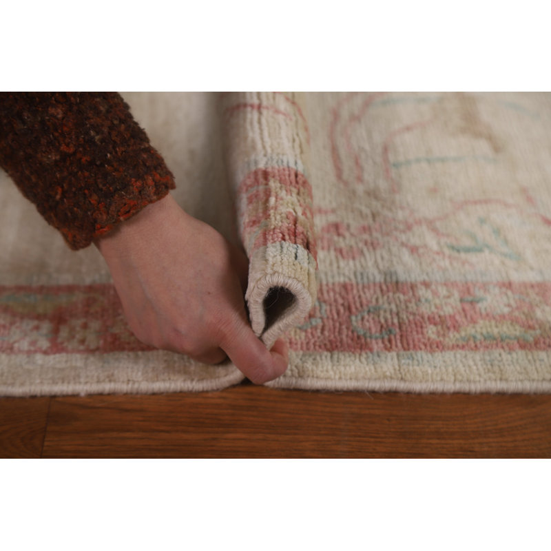 Tapis de couloir beige en laine noué à la main de conception unique 2 pi 10 po x 11 pi 10 po New Age