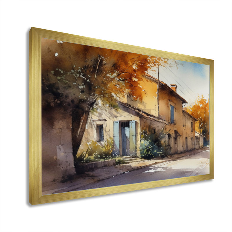 «Genessa Mediterranean Village Street VII», reproduction sur toile, H 34 po x l 44 po x P 1,5 po, Encadrement doré
