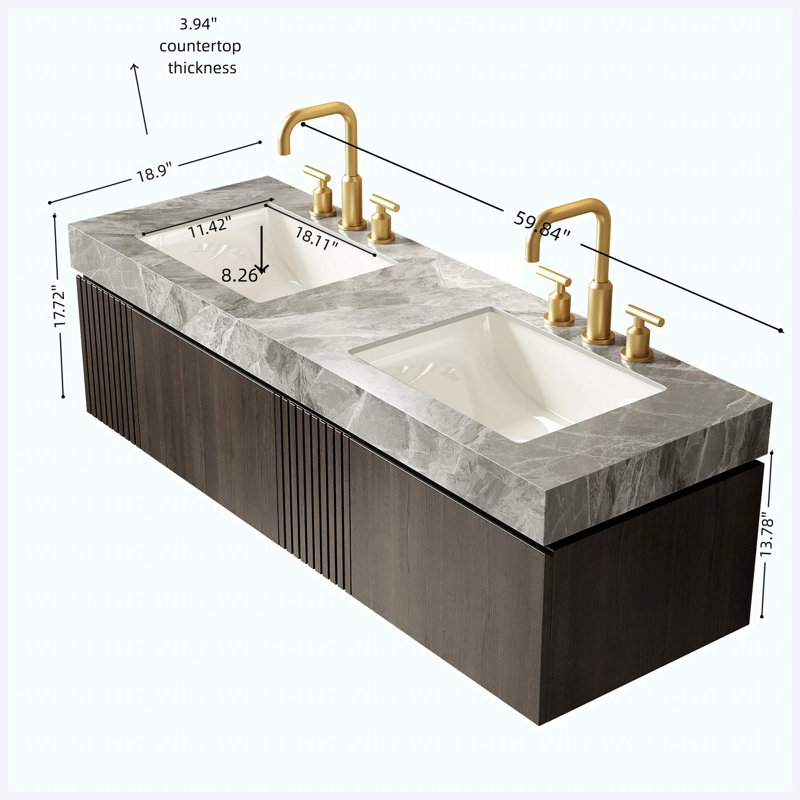 Meuble-lavabo flottant double 60 po, armoire en contreplaqué avec 2 tiroirs et portes, plateau en pierre frittée gris clair et 2 lavabos en céramique, grain de bois espresso, pré-assemblé