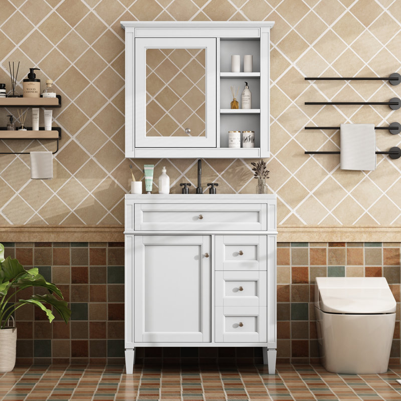  Meuble-lavabo moderne de 30 po avec lavabo et miroir, armoire de rangement moderne avec 2 tiroirs et tiroir basculant, blanc
