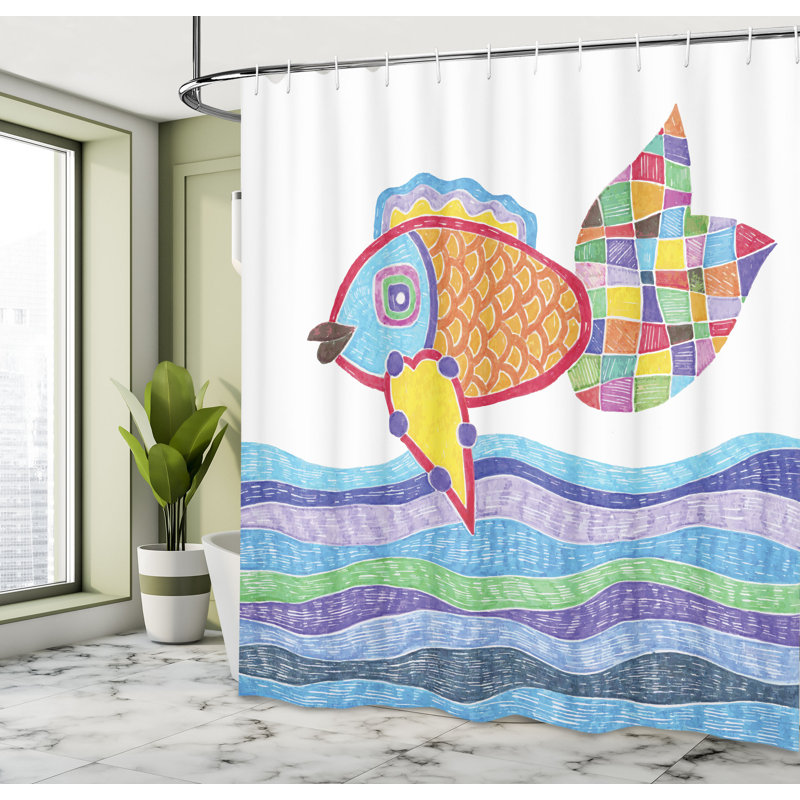Ensemble de rideau de douche poisson + crochets, H 70 po x l 69 po