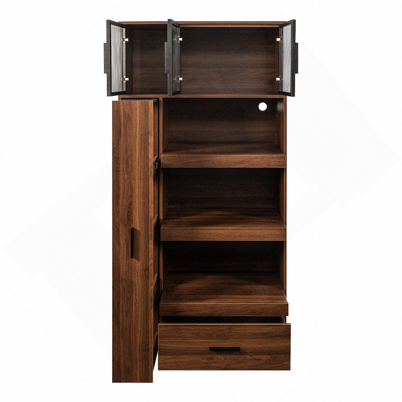 70.87" Tall Kitchen Pantry Cabinet With Multi-Functional Pull-Out Multi-Tier Storage Shelf, 1 Drawers,With Aluminum Frame Glass Door,Freestanding Food Hutch With Microwave Stand For Dining Room