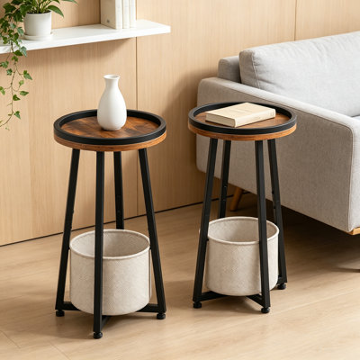 Set of 2 Small Round Side Tables, 2-Tier Sofa End Tables with Cotton Linen Storage Basket, Compact Nightstands for Living Room, Bedroom, Dorm