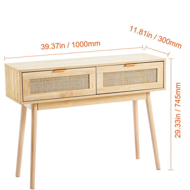 Console en bois naturel, avec 2 tiroirs de rangement et pieds stables, idéale pour un mur télé, une entrée ou une porte coulissante, ou pour un salon multifonctionnel.