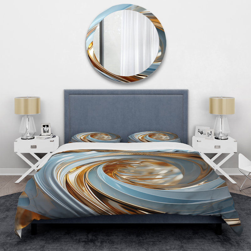 Ensemble de housse de couette spirale blanche et dorée, Housse de couette simple + 1 taie décorative stan