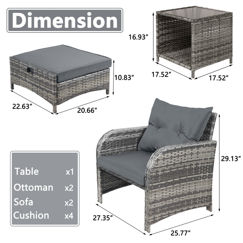 Antilles 2-Person Outdoor All-Weather Wicker Conversation Set with Ottomans and Coffee Table, Gray, Gray