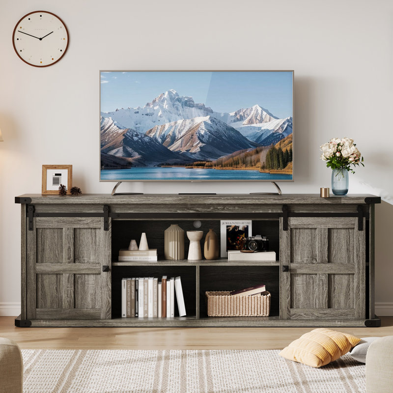 Farmhouse TV Stand for 75 Inch TV, Entertainment Center with Storage Cabinets and Sliding Barn Doors, Gray