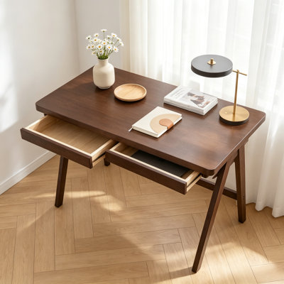 100% Solid Rubber Wood Computer Desk, Retro Walnut Writing Desk with Drawer, Sturdy A-Frame Leg, 39.37"×21.65", 0.71" Standard Thick Home Office Study Table