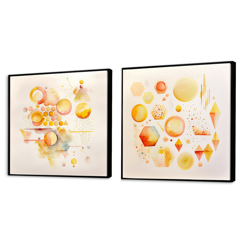 Ensemble de 2 collages carrés abstraits et formes abstraites jaunes VI, Cadre flottant noir, H 16 po x l 33 po