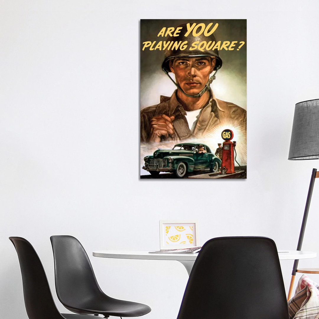 WWII Propaganda Poster Of A Soldier Overlooking A Man At The Gas Pump by Stocktrek Images - Wrapped Canvas Print