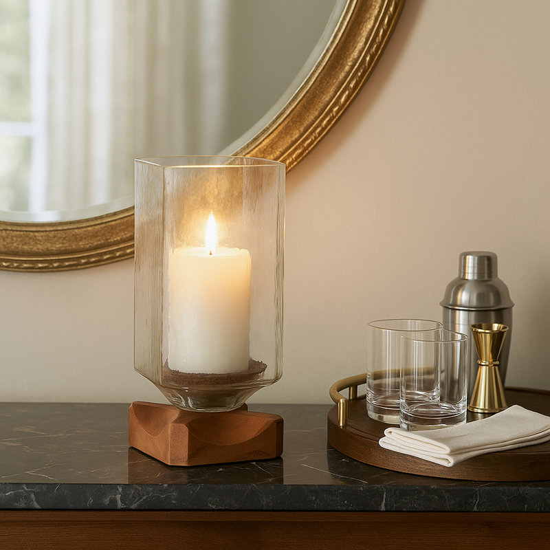 Glass and Wood Pillar Candle Holder, Modern Transitional Taper Holder with Square Base, Decorative Accent for Home Decor