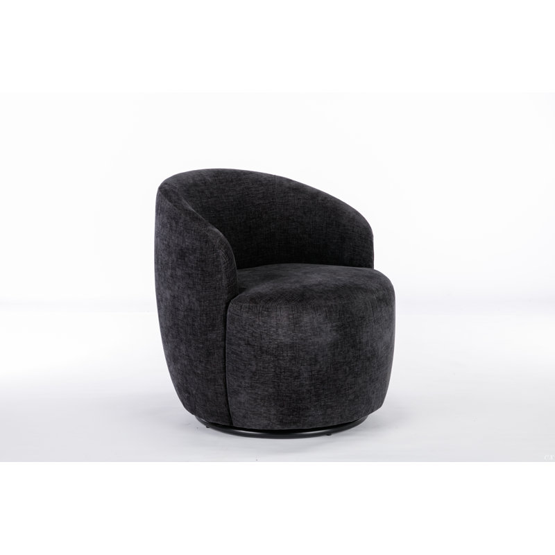 Swivel Accent Armchair Barrel Chair With Powder Coating Metal Ring, Black Chenille