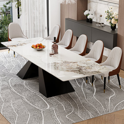 Modern 78.74"-110.24" Extendable Sintered Stone Dining Table, Large Kitchen Table with Black Carbon Steel Base