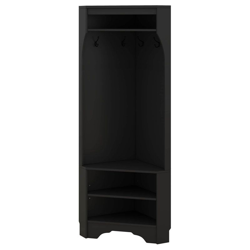 All In One Hall Tree, Corner Hall Tree With Shoe Bench, Corner Cabinet With Adjustable Shelf And 4 Hooks, Black