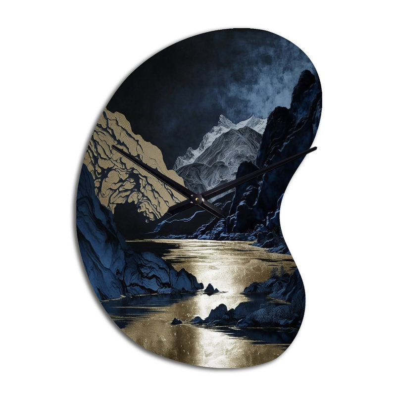 Gold Frosted River And Mountain III - Boom Shape Large Forest River Mountains 3D Wall Clock, Small