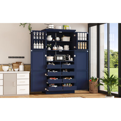 17.6 - Inch Deep Freestanding Kitchen Cabinet With 8 Pull Out Trays, 2 Tipping Kits, And Assembly Video For Dining Room Blue Pantry 4 Long Handles, 3 Level Adjustable Shelf, Slide Trays