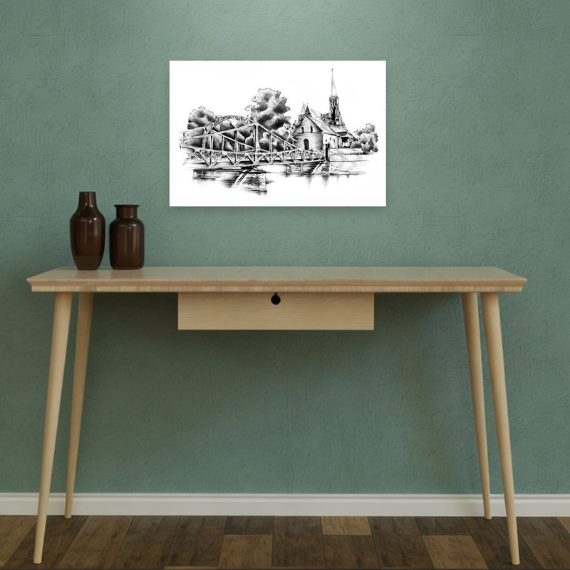 Pont et église historiques, architecture gothique sereine et tranquille, affiche murale de la ville, H 12 po x l 18 po