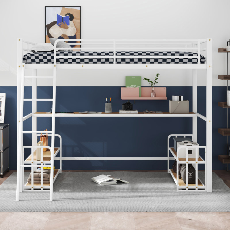 Lit mezzanine en métal avec bureau, tablettes de rangement et station de charge, Lit double