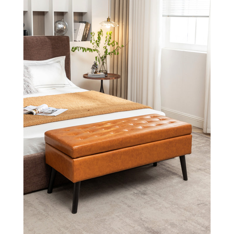Banc de rangement pour chambre à coucher en cuir brun: 43,3 po x 17,7 po, banc d'espace: l 43,3 po x 17,7 po en cuir avec charnière
