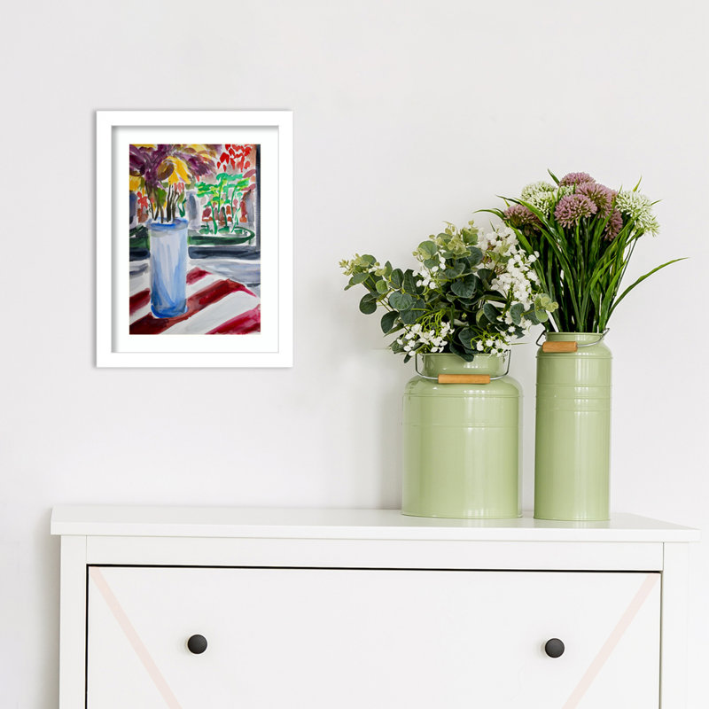 Montpellier Blue Vase And Window Box Framed On Paper by Montpellier Print, 13" H x 10" W x 1" D, White