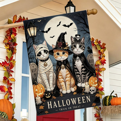 Drapeau de jardin de bienvenue pour l'Halloween, double face, 30 x 45 cm, chat costumé noir et orange