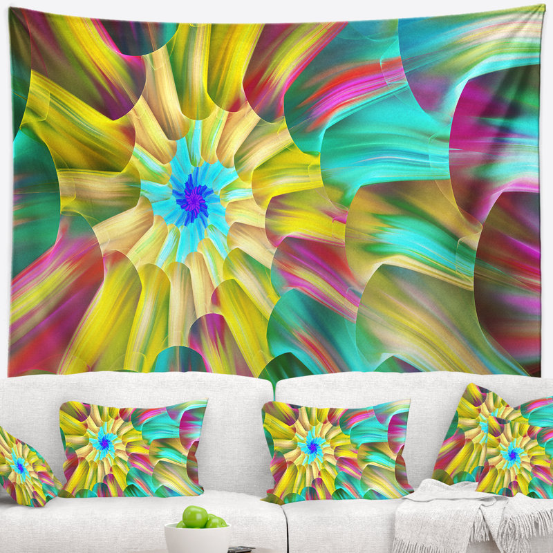 Tapisserie florale multicolore à spirales en verre coloré, H 68 po x l 80 po