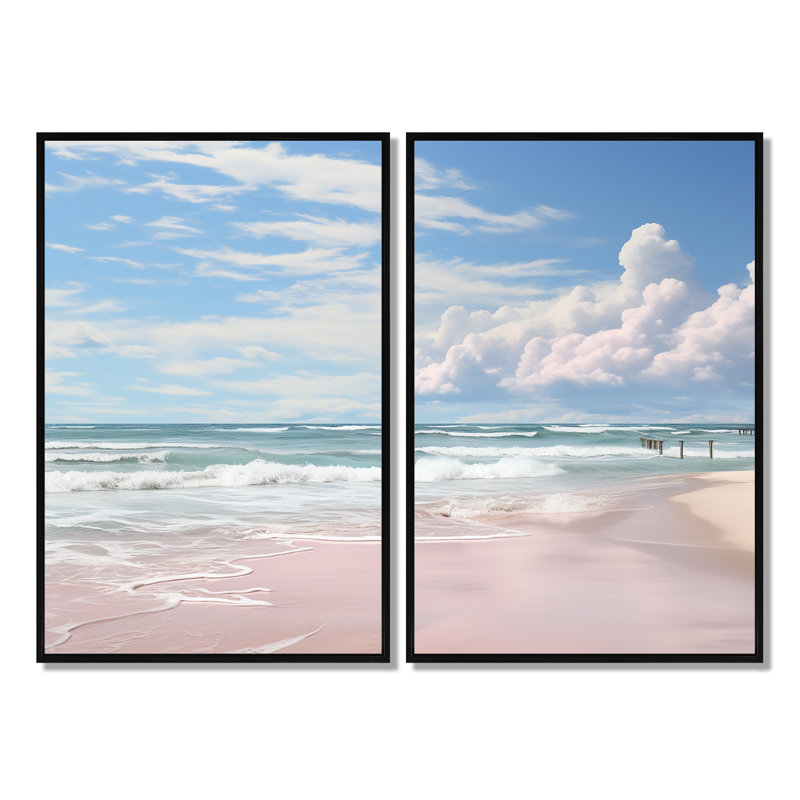 «Pink Minimalisme Beach Landscape III» - impressions nautiques sur toile 2 panneaux, Noir, H 36 po x l 48 po