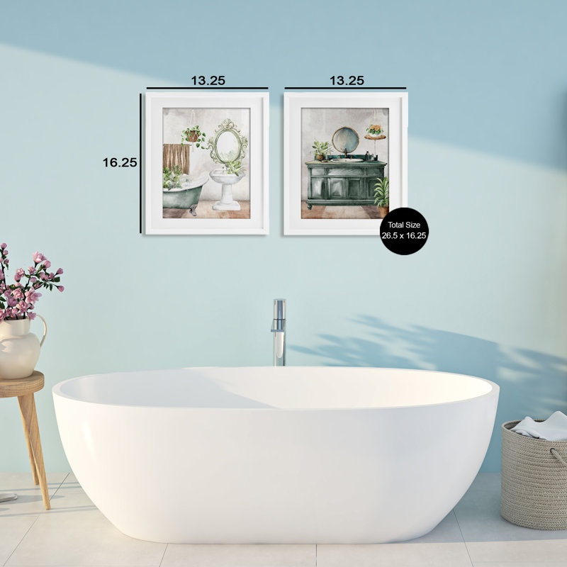 «Bath Greens Botanical Interior», ensemble de 2 reproductions encadrées sous verre, par Kim Allen, H 16 po x l 13 po