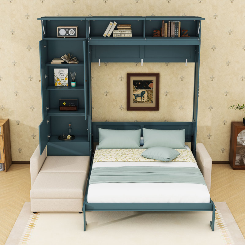 Grand lit escamotable avec canapé en L intégré et tablettes de rangement, Beige
