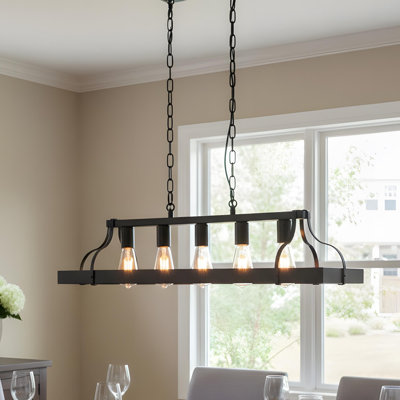 Luminaire suspendu industriel noir de 34 pouces avec 5 douilles E26 et une chaîne à hauteur réglable - Luminaire suspendu de style campagne moderne pour les salles à manger, les îlots de cuisine ou les salons (ampoules non incluses)