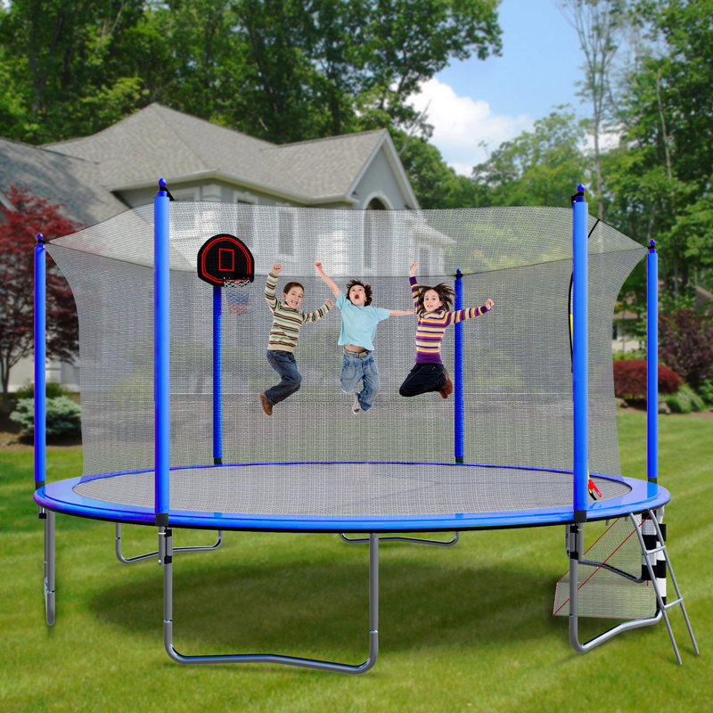 Trampoline de 16 pi avec pompe à panier de basketball et échelle (enceinte de sécurité intérieure) avec but de soccer bleu