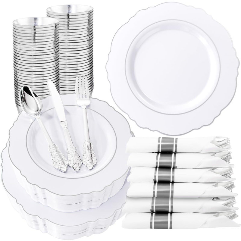 COEN 350-piece plastic plate set includes 100 plates, 50 pre-rolled napkins with silverware, and 50 cups