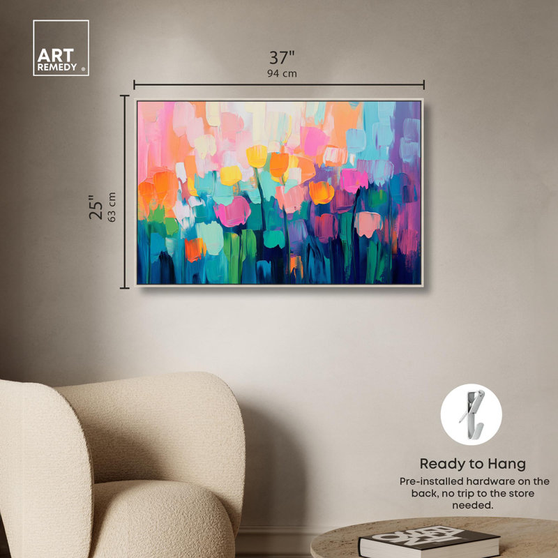 Art, art floral, fleurs abstraites, II, H 25 po x l 37 po, Encadrement argenté