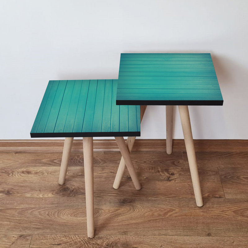 Tables gigognes modernes turquoise (2 pièces), 100% panneau de fibres à densité moyenne avec pieds en bois de hêtre, grande table: 13,8 po x 18,5 po x 13,8 po | Dimensions de la petite table: 13,8 po x 16,5 po x 13,8 po | Design rayé élégant pour les espaces contemporains