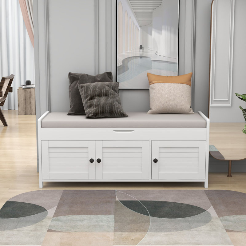 Banc de rangement avec 3 portes en forme de volet, banc à chaussures avec coussin amovible et espace de rangement caché (blanc, ancien SKU: WF284226AAK)