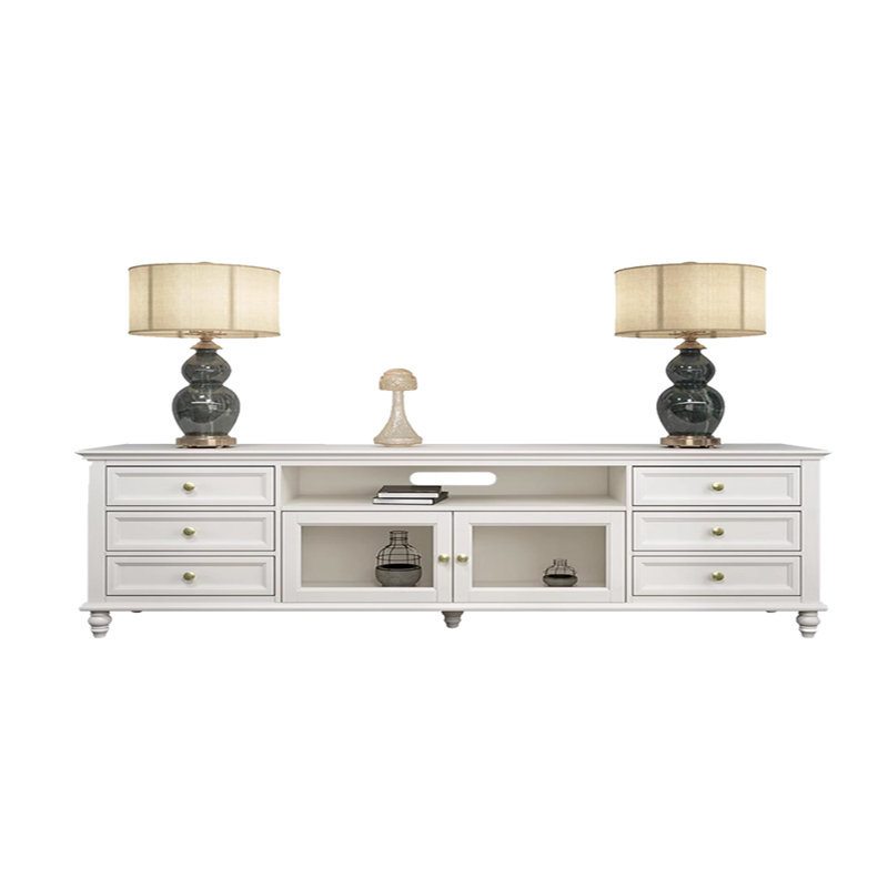 Meuble télé en bois massif léger et luxueux, Blanc / Blanc, H 25,98 po x L 94,48 po x l 15,74 po