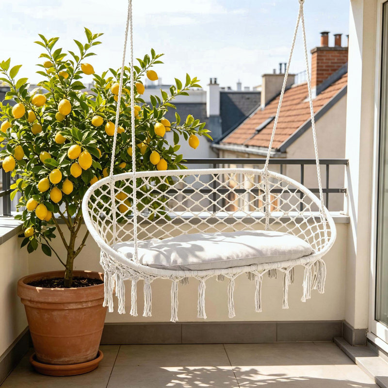 Chaise hamac pour 2 personnes en macramé avec coussin et franges