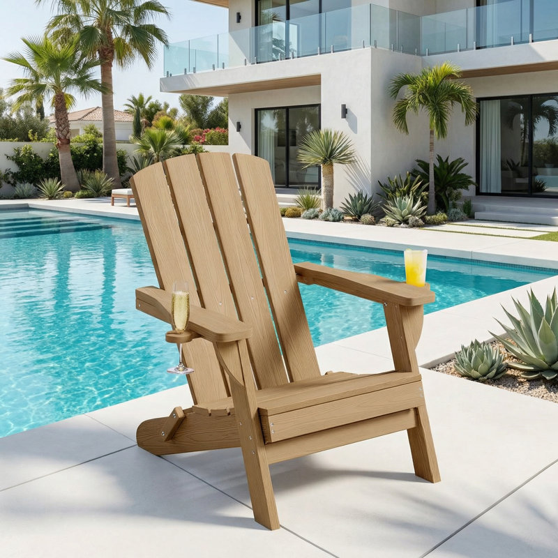 Adirondack Chair Wood Texture HDPE Folding Patio Chair Fire Pit Chair With Cup Holder, Brown