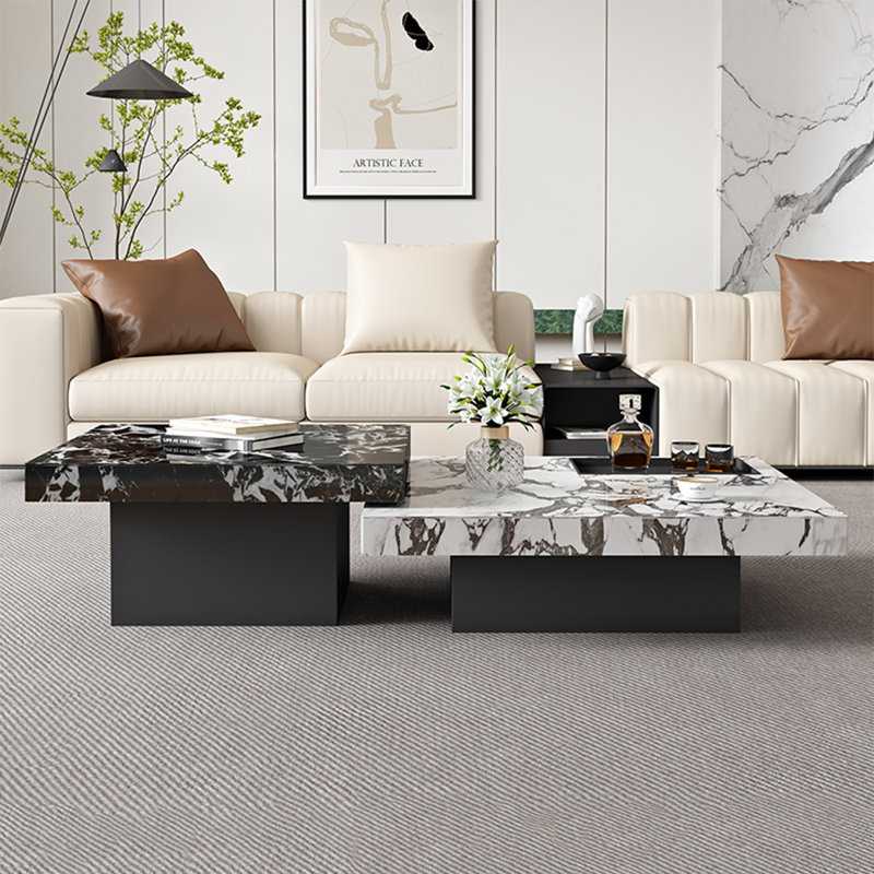 Modern rock plate coffee table set, Black/Gray/White, 13.8" H x 47.2" L x 47.2" W