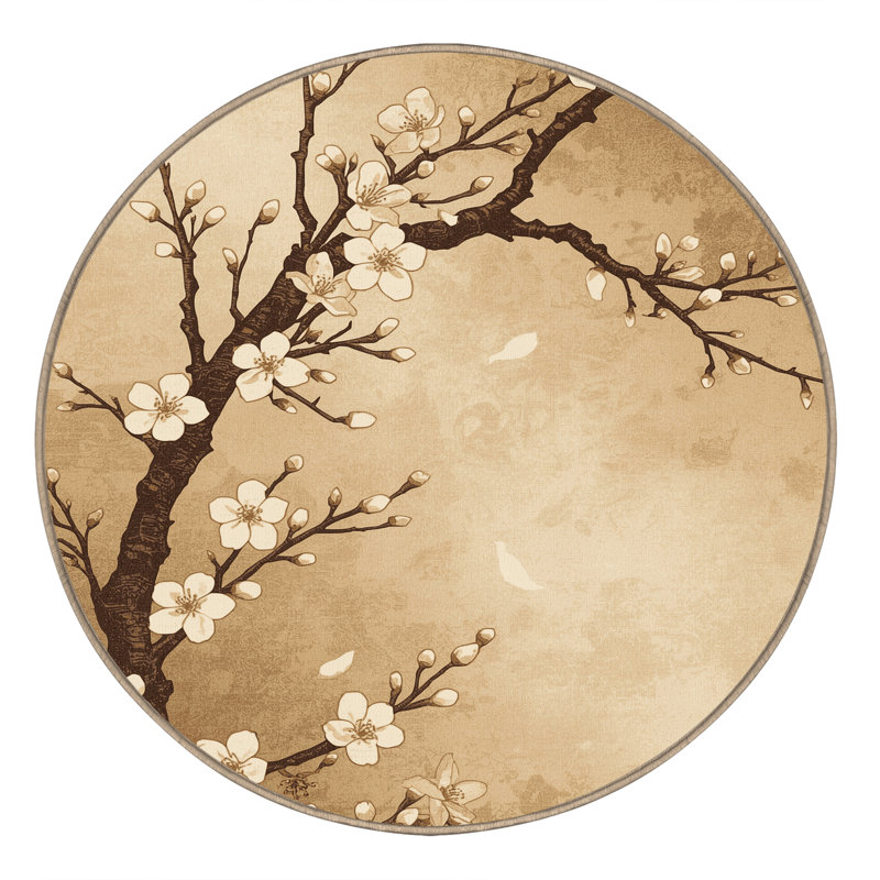 Tapis floral traditionnel cerisier en fleurs lavable à la machine - Reliure beige, Rond 8 pi