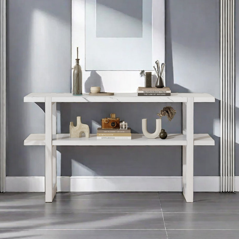Console rétro élégante avec plateau en marbre et solutions de rangement polyvalentes pour le vestibule et le salon