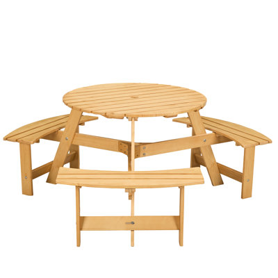 Outdoor 6 Person Picnic Table With Benches - , Rustic Design, Umbrella Hole, For Backyard And Patio Natural Wood 3 Built-In Benches, Use