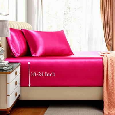 UltraSilk Deep Pocket Queen Bedding Set - Hot Pink, 3pcs Fitted Sheet Set with 18-24 Inch Deep Pocket Mattress Fit, Soft Silky Bedding with 2 Pillowcases